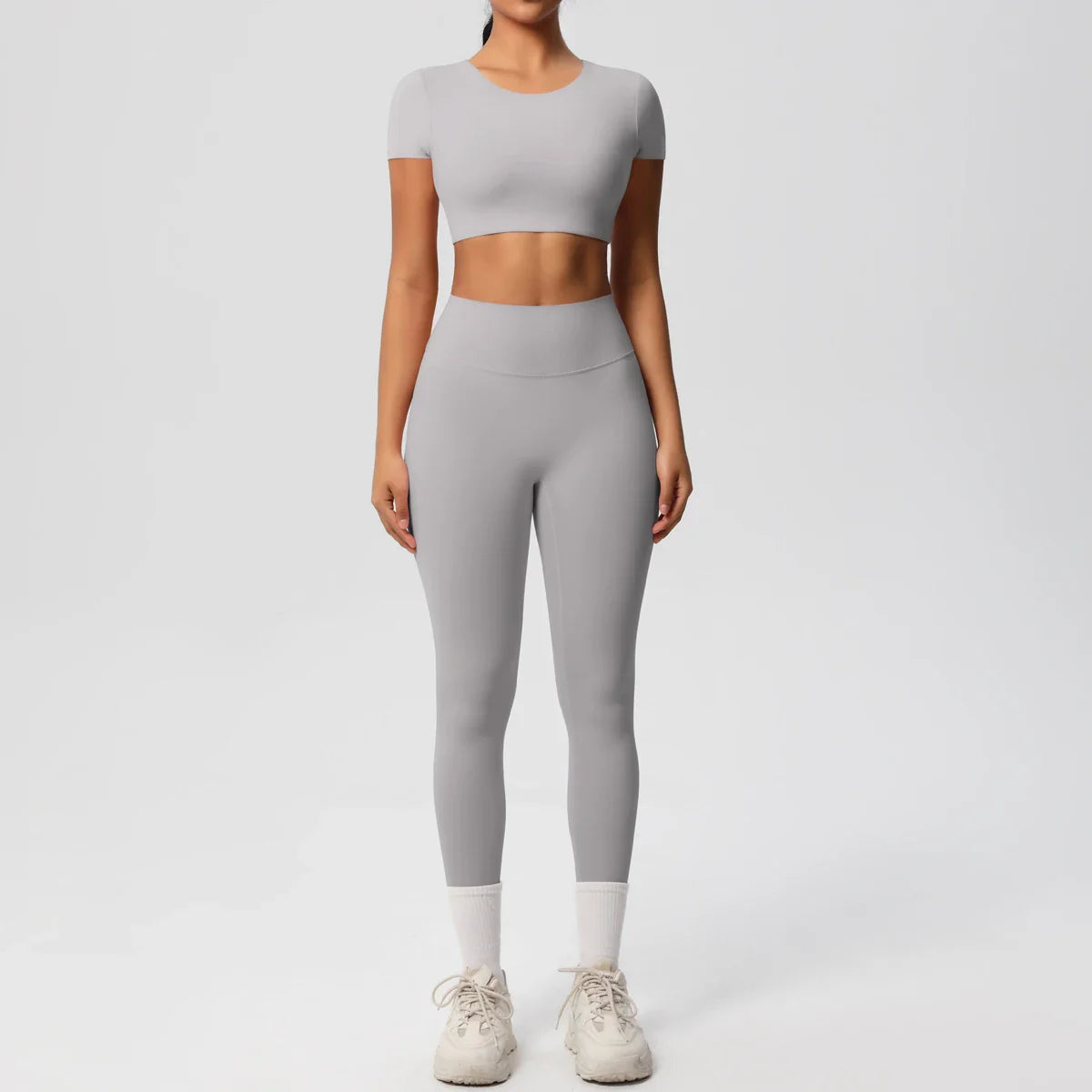 Yoga Set for Women Fitness Sportswear with Short Sleeve Top and High Waist Leggings