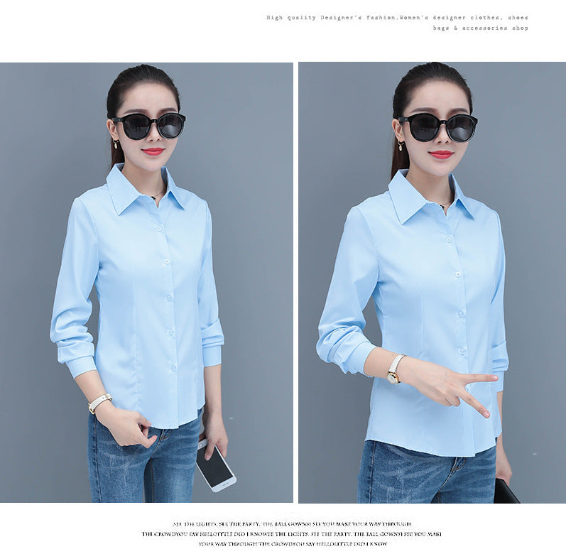 Elegant Slim Fit Blue Long Sleeve Blouse for Women Formal Office Shirt Basic Workwear Top