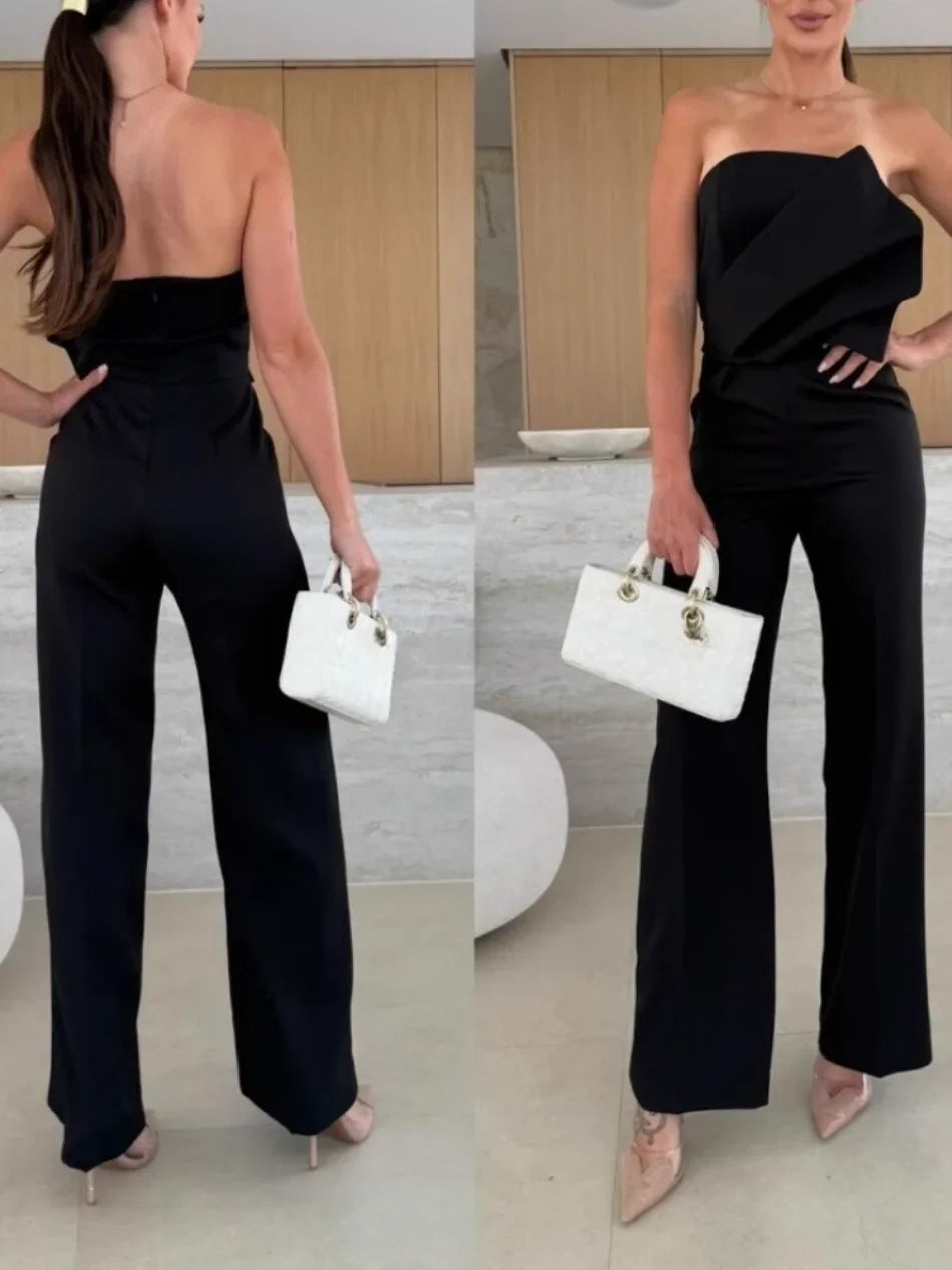 Women's Summer Jumpsuit Casual Office Wear Solid Color High-Waisted Wide-Leg Low Back Tight Fit Stylish Romper