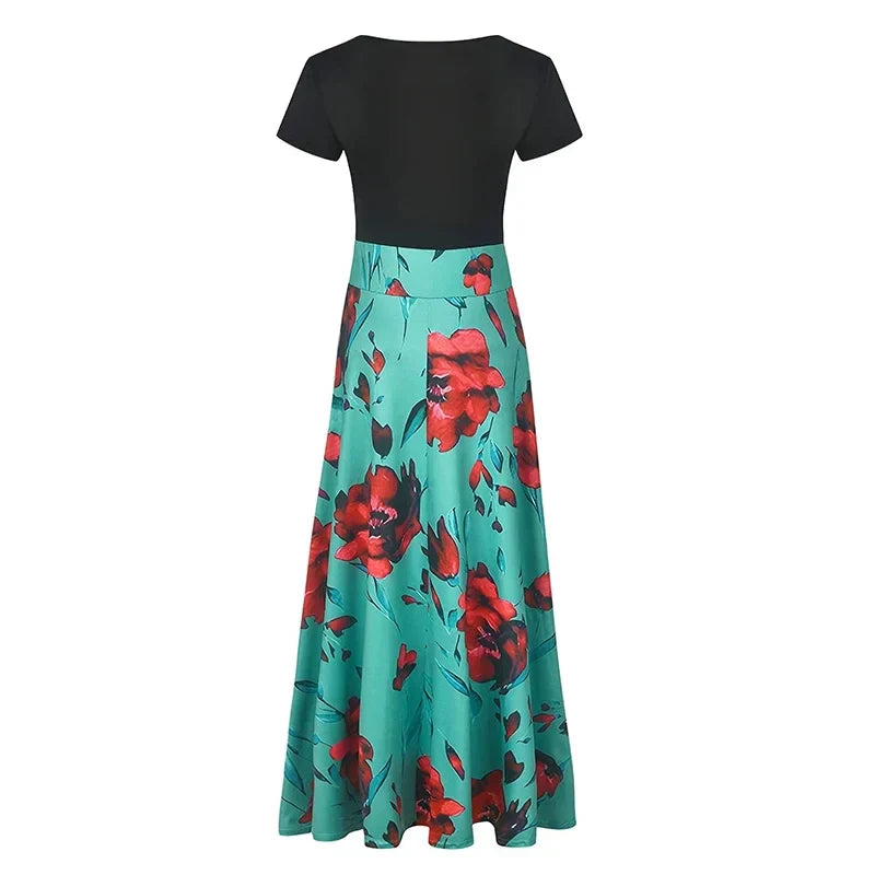 Printed Pleated Maxi Dress With Crew Neck Short Sleeves