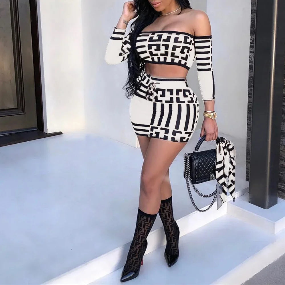 Two Piece Sexy Women's Printed Dress Set with Long Sleeves Slim Fit One Line Collar and Elegant Mini Skirt for Summer Party and Clubwear