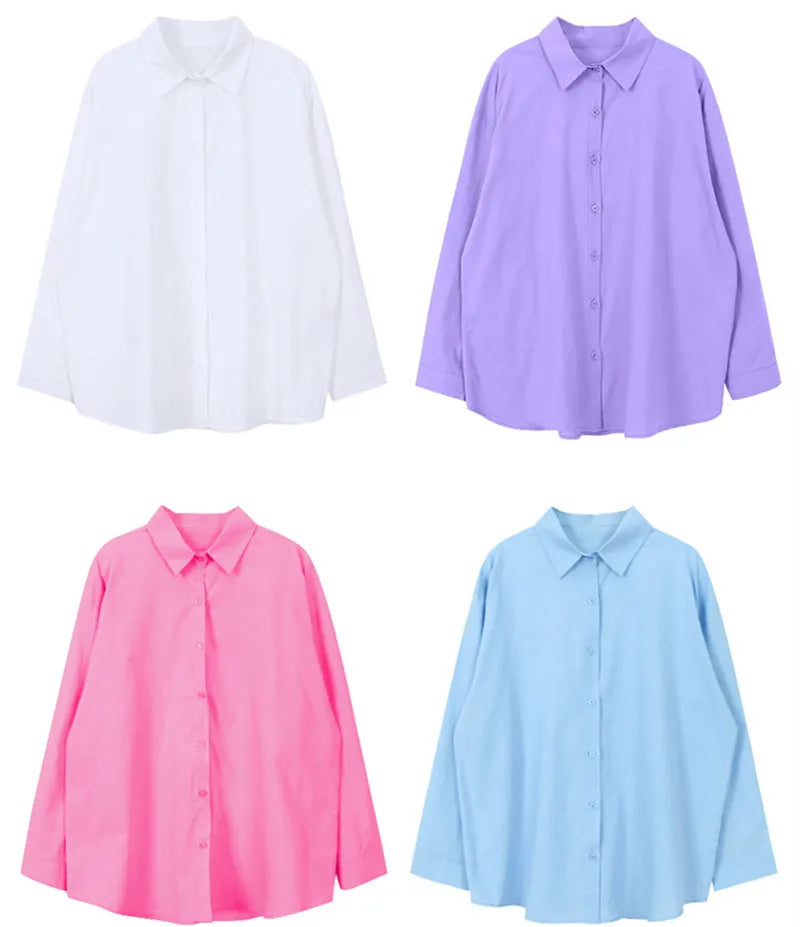 Women's Casual Loose Fit Long Sleeve Lapel Shirt 100 Percent Cotton Pure Color Versatile Layering Top for Spring and Autumn