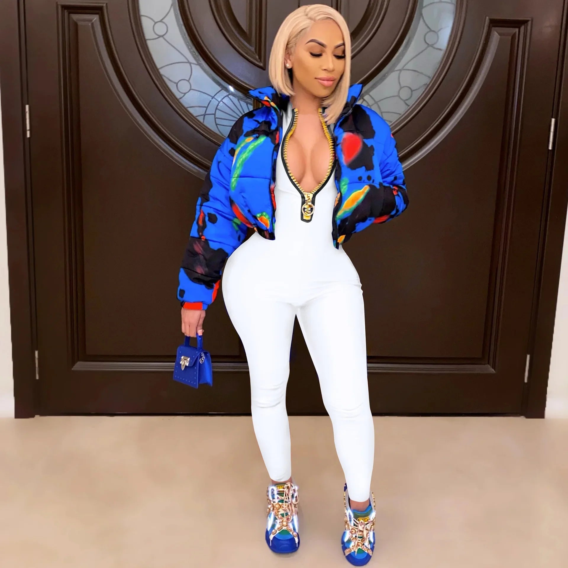 Women's Bodycon One-Piece Jumpsuit with Long Sleeves and Large Front Zipper Casual Sporty Skinny Workout Overalls Top