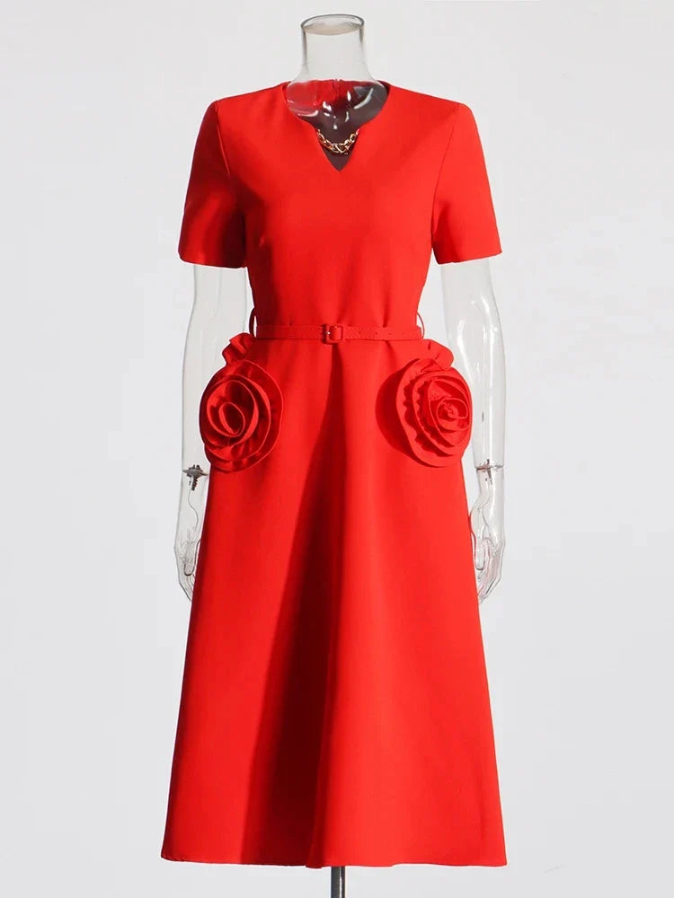 Hollow Out Patchwork Dress For Women V Neck Long Belted