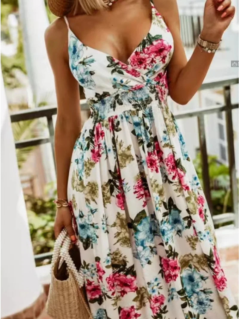 Bohemian Floral Chiffon Summer Dress With V Neckline