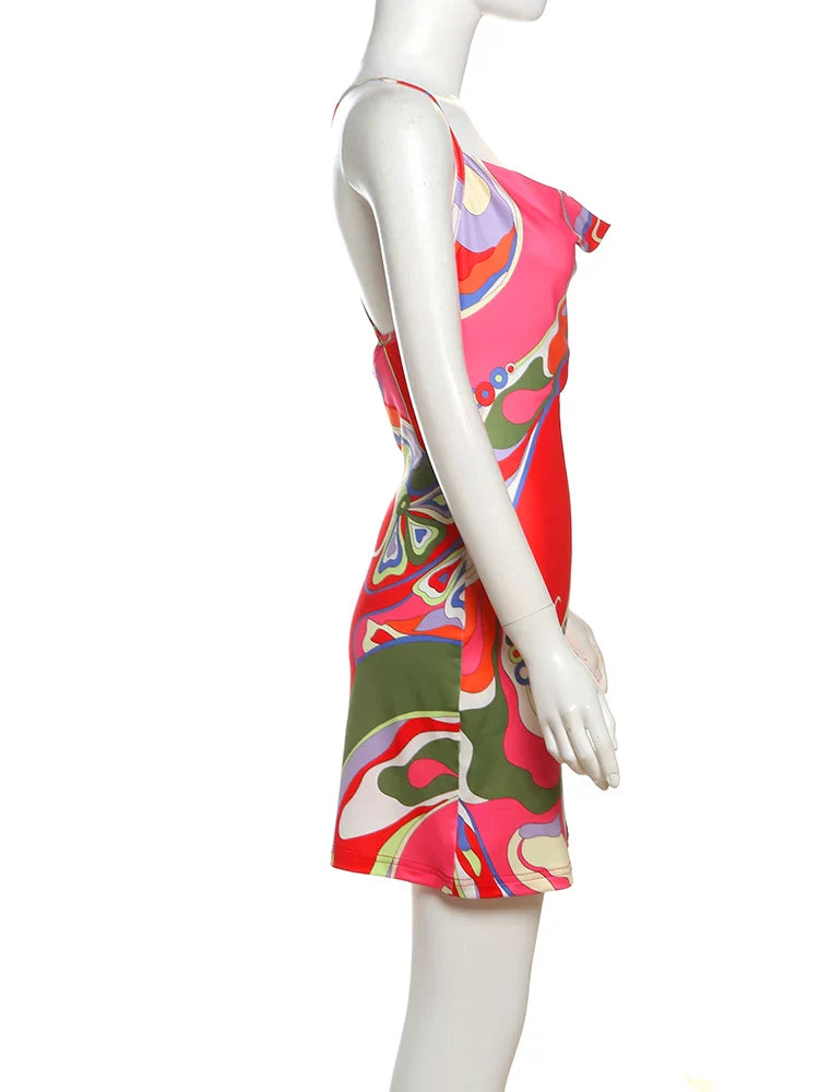 Colorful Print Backless Bodycon Dress Sleeveless Summer
