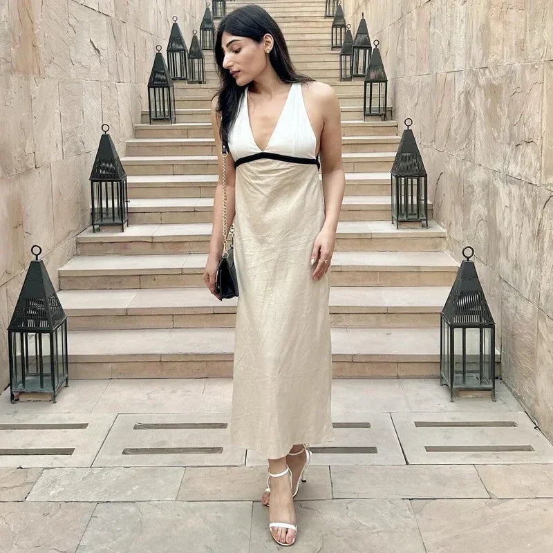 Backless Halter Party Dress With V Neck Patchwork Long Gown