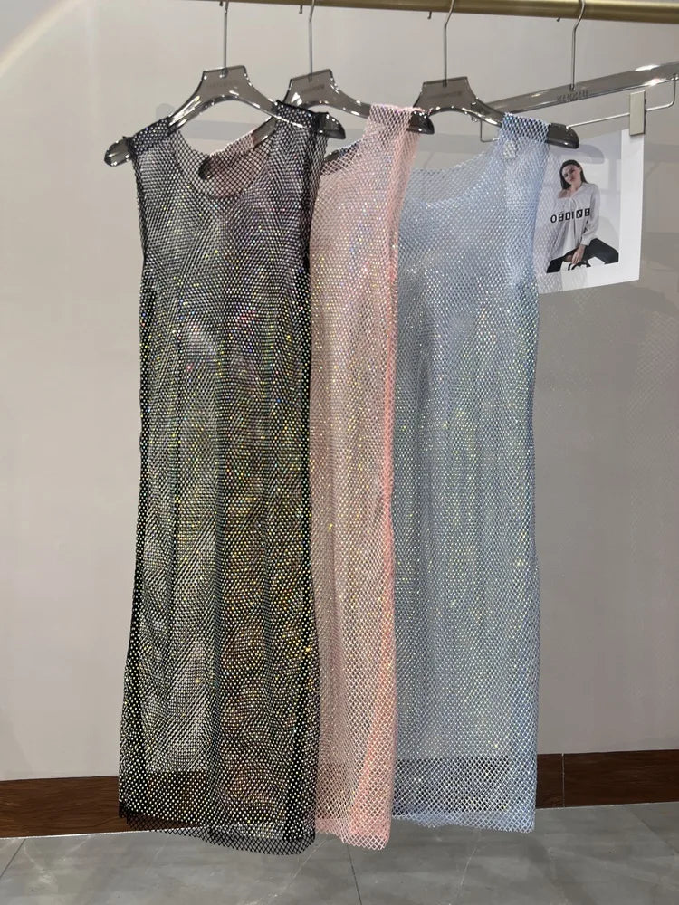 Rhinestone Mesh Midi Dress for Sexy Party and Clubwear