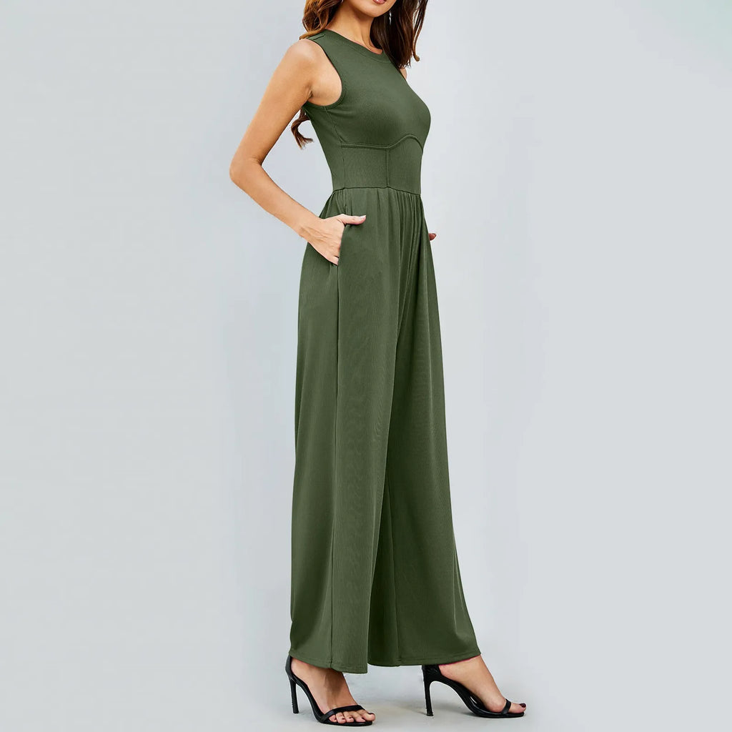 Women Sleeveless High Neck Ribbed Tank Top Jumpsuit Wide Leg Pants Romper with Tummy Control and High Waist Casual Summer Outfit