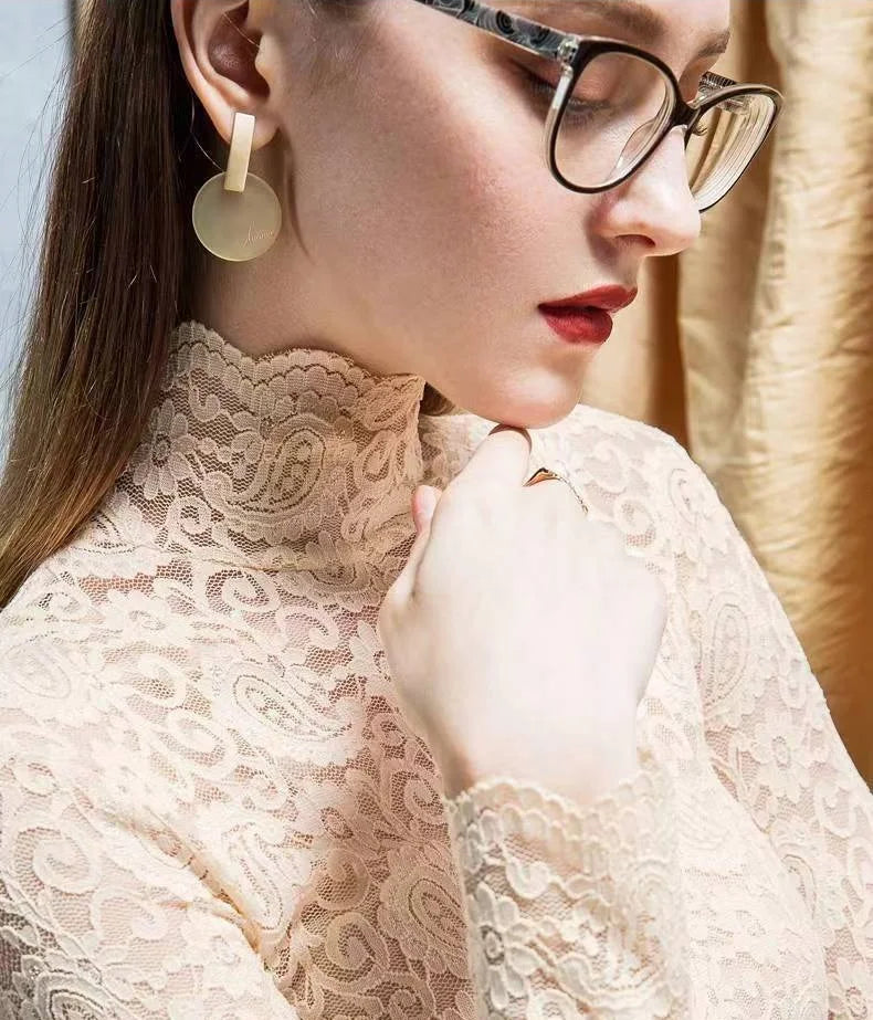 Winter High Neck Long Sleeve Fleece Lace Women T-Shirt Elegant Trendy Top