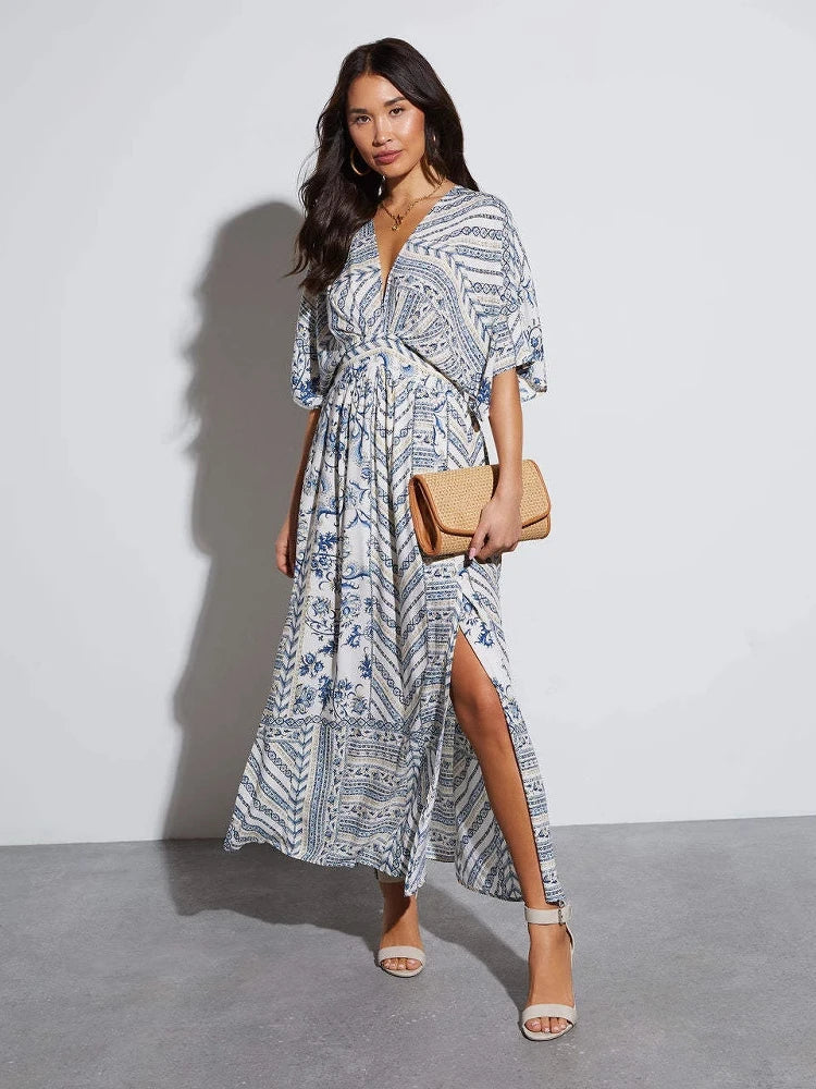 Bohemian Maxi Dress Printed V Neck Beach Vacation Style