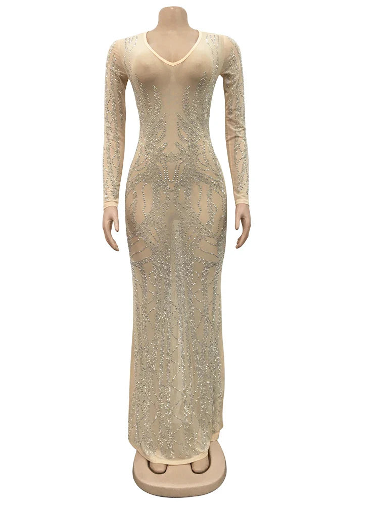 Crystal Rhinestone Gown Maxi Dress With Deep V Neckline