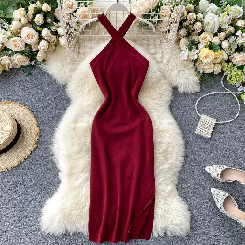 Elegant Solid Backless V Neck Knit Bodycon Dress For Women