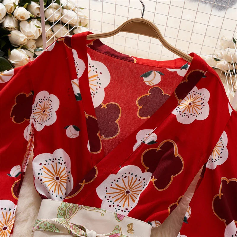 Red Kimono Cardigan For Women See Through Lace Up Dress