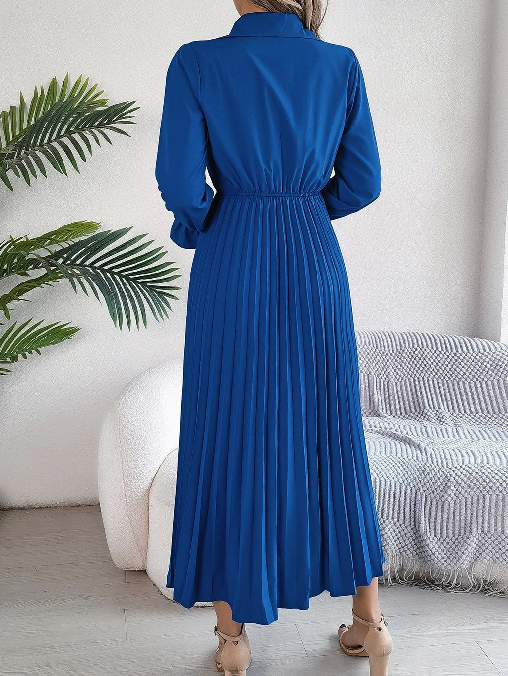 Solid Color Polo Neck Pleated Long Sleeve Dress For Women