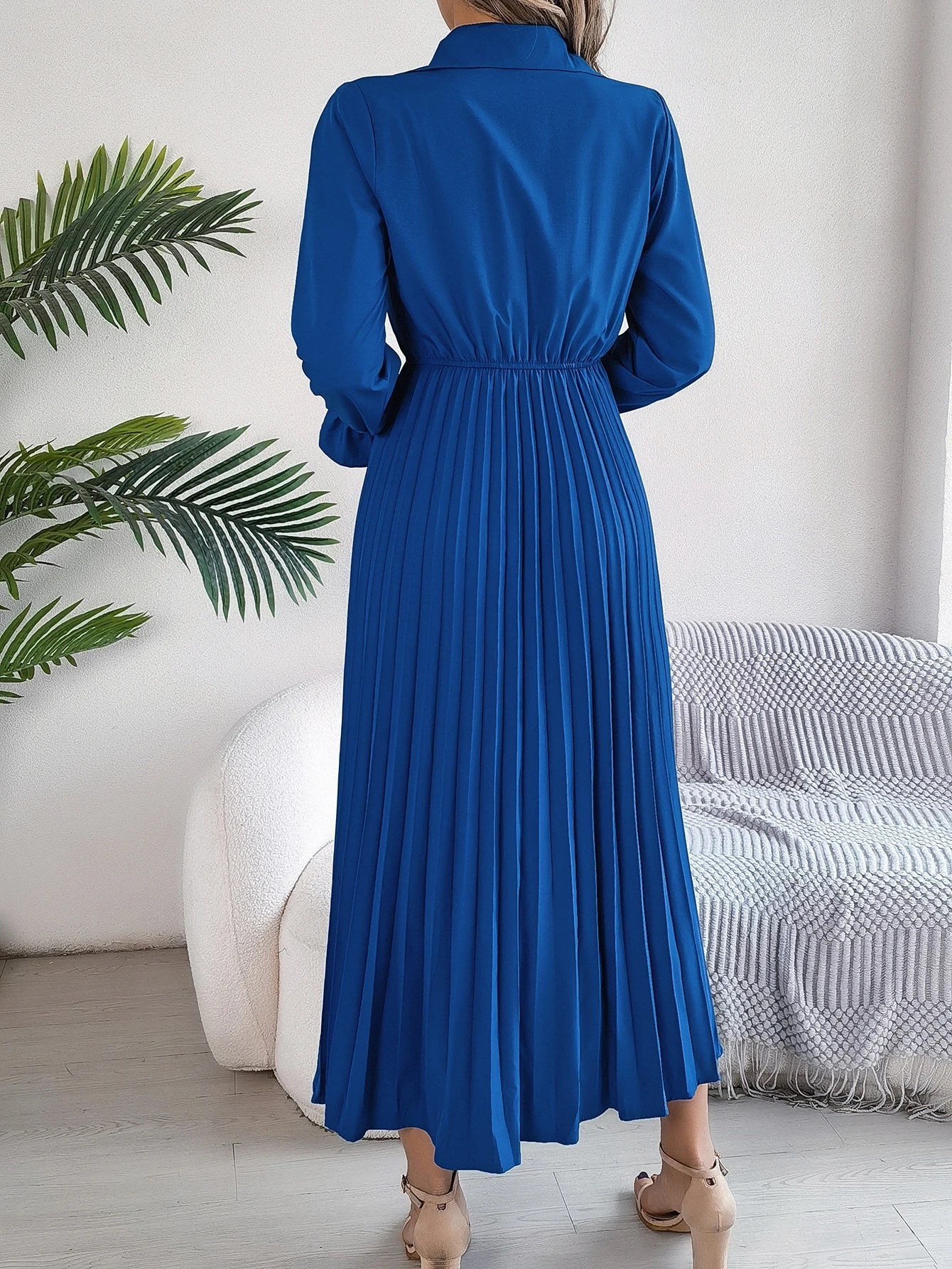 Solid Color Polo Neck Pleated Long Sleeve Dress For Women