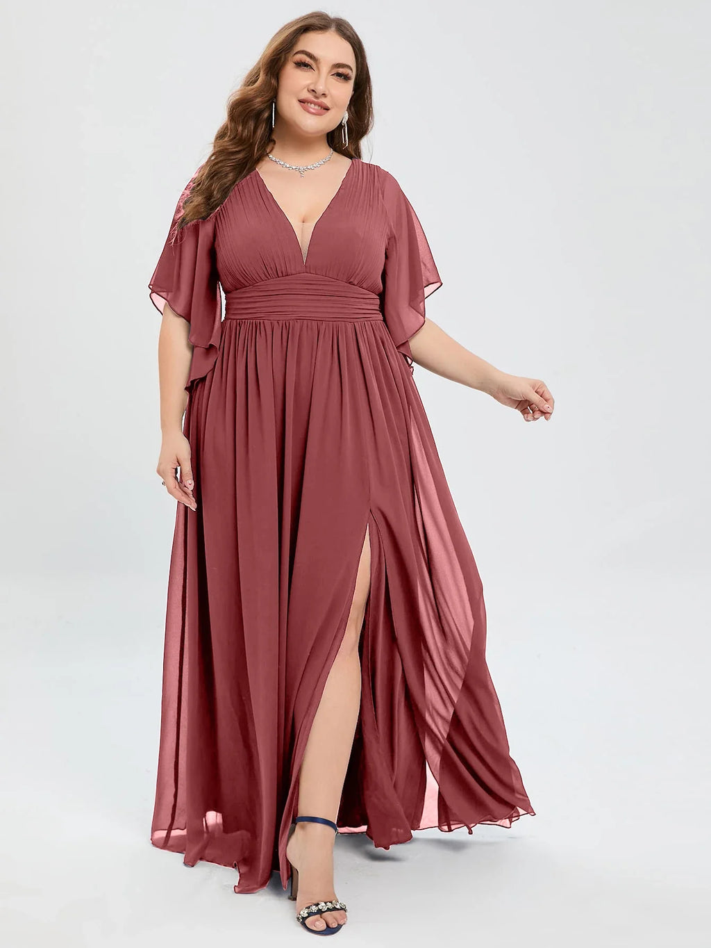 Plus Size Chiffon Bridesmaid Dress V Neck Butterfly Sleeve