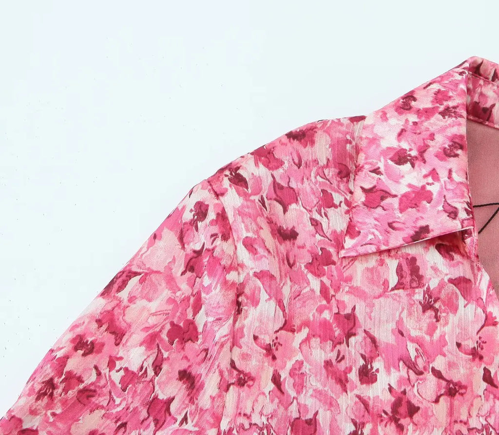 Floral Print Midi Dress V Neck Long Sleeve With Waist Tie