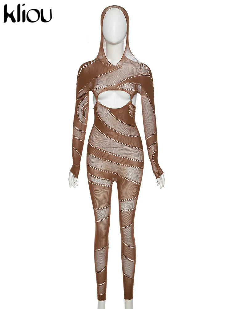 Sexy Mesh Patchwork Sheer Full Sleeve Hoodie Jumpsuit for Women Hipster Body-Shaping Streetwear Overalls