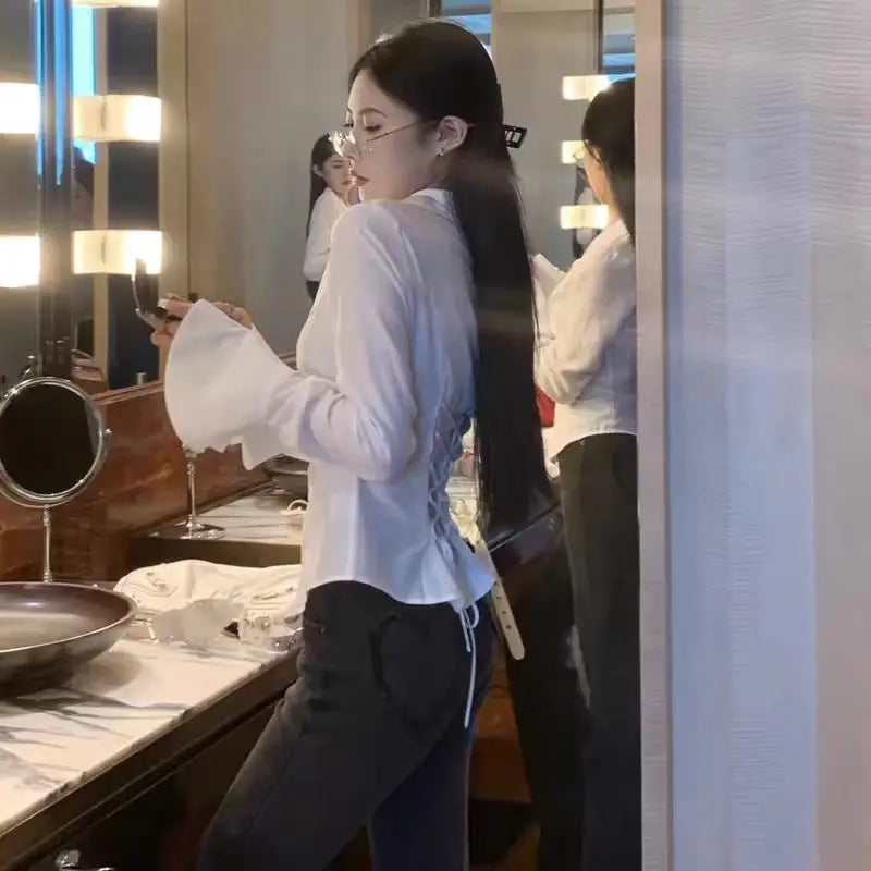 Slim White Chiffon Shirt for Women Long Sleeve Horn Sleeve Blouse Elegant Slim Fit Chic Ladies Top