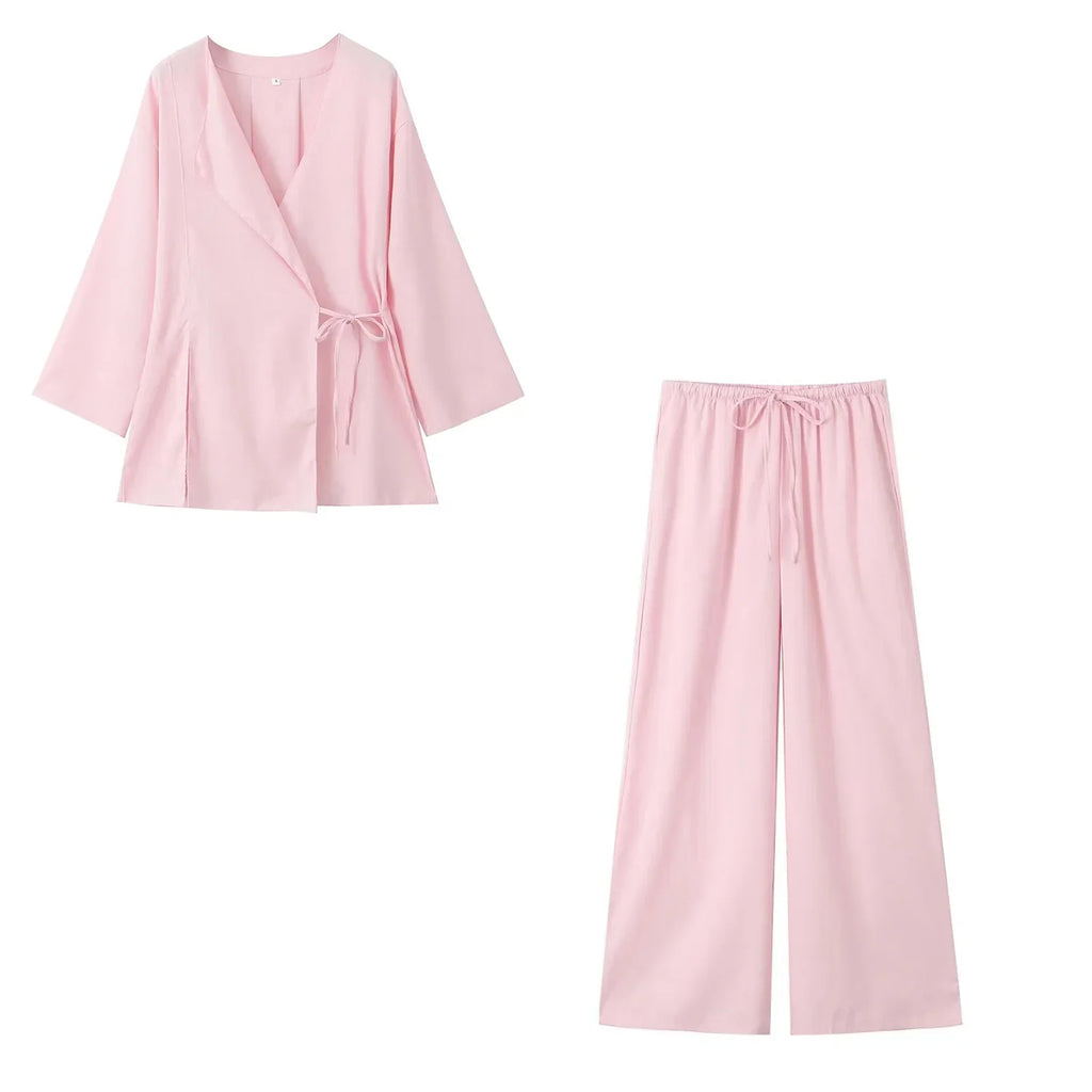 Casual Chic Solid Two Piece Women Set with Long Sleeve Kimono Jacket and Pants Nightwear Suit