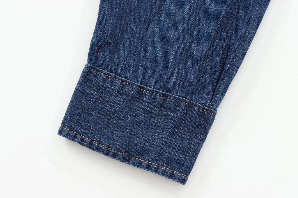 Women's Elegant Denim Shirt with Bowtie Single Breasted Casual Streetwear Autumn Winter Fashion Solid Button-Up