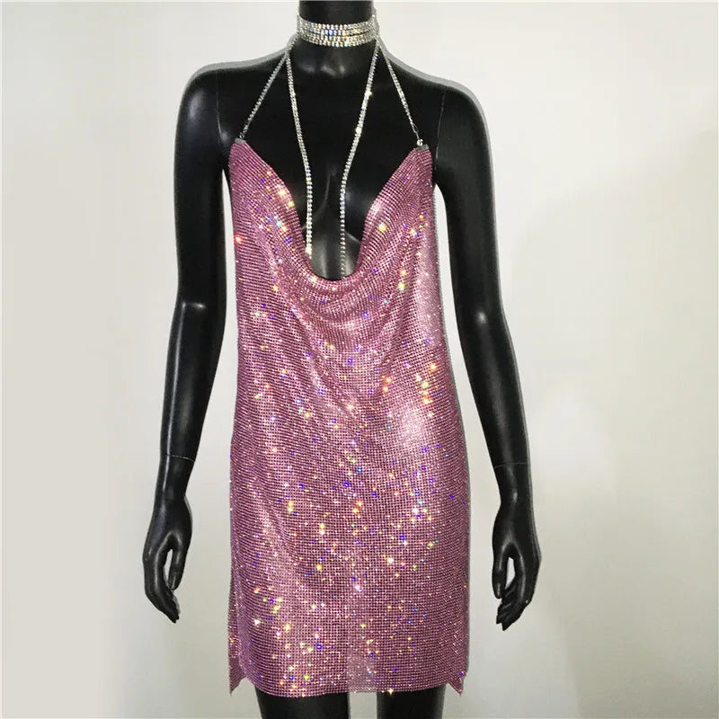 Sequin Rhinestone Backless Mini Dress For Nightclub Party