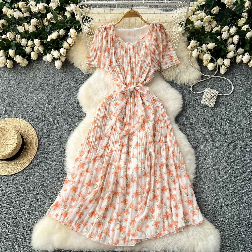 Retro Floral Chiffon Midi Dress With Ruffle Details