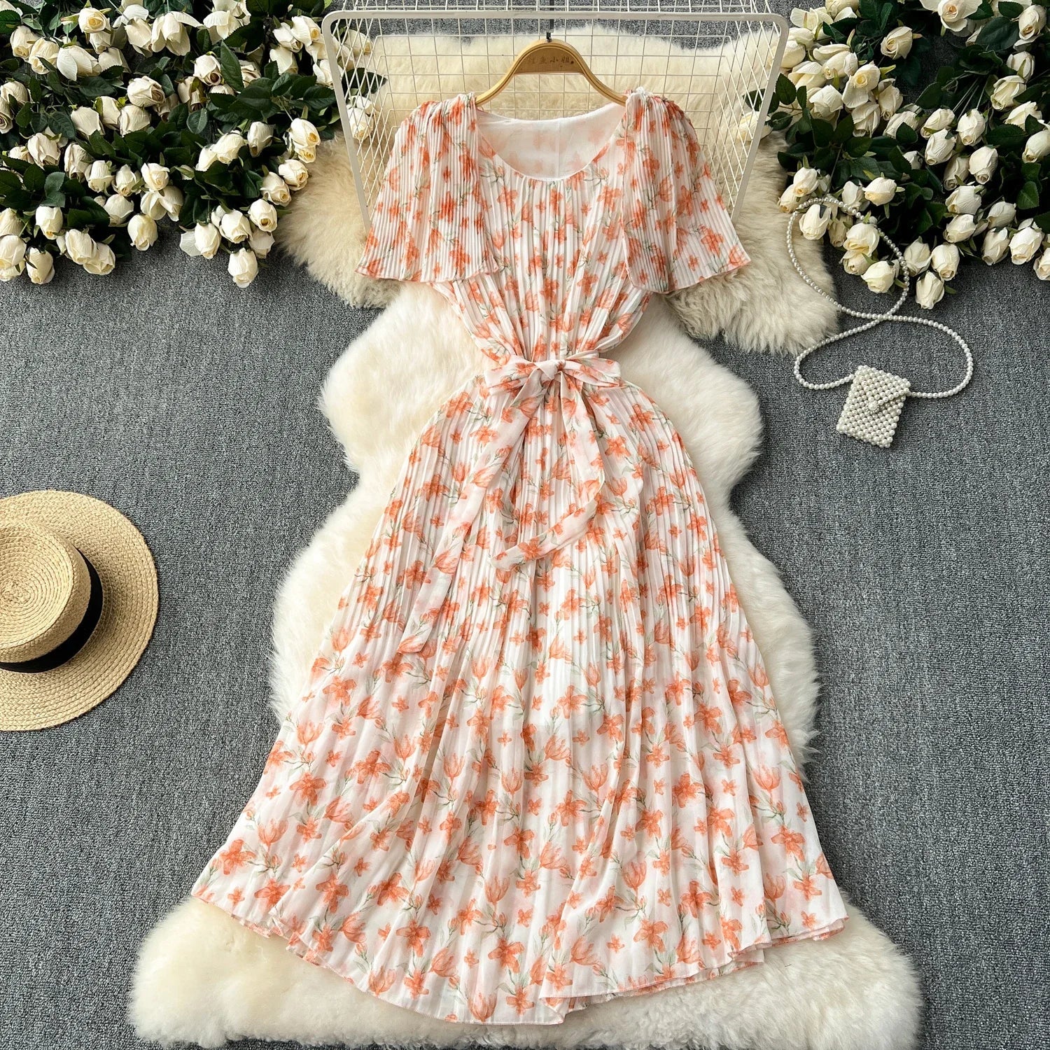 Retro Floral Chiffon Midi Dress With Ruffle Details