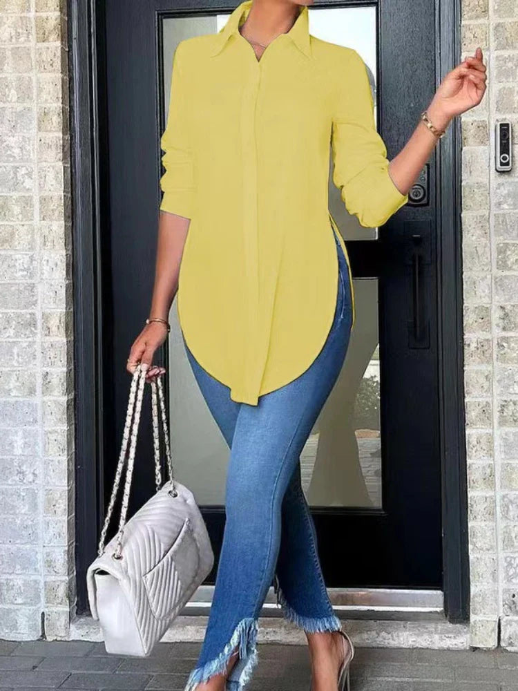 Casual Mid Length Long Sleeve Women Blouse Autumn Fashion Shirt Elegant Asymmetrical Tunic Solid Color Top