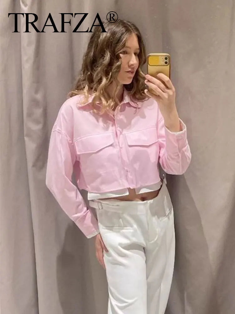 Elegant Patchwork Blouse for Women Long Sleeve Single Breasted Lapel Shirt Chic Short Top