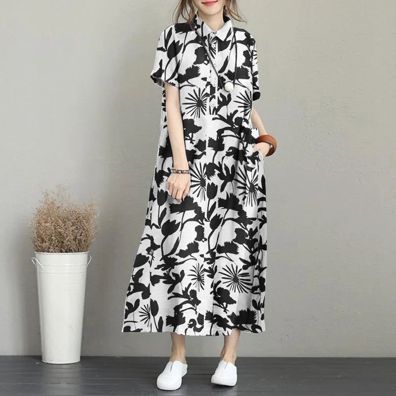 Floral Print Shirt Dress For Women Loose Midi Sundress
