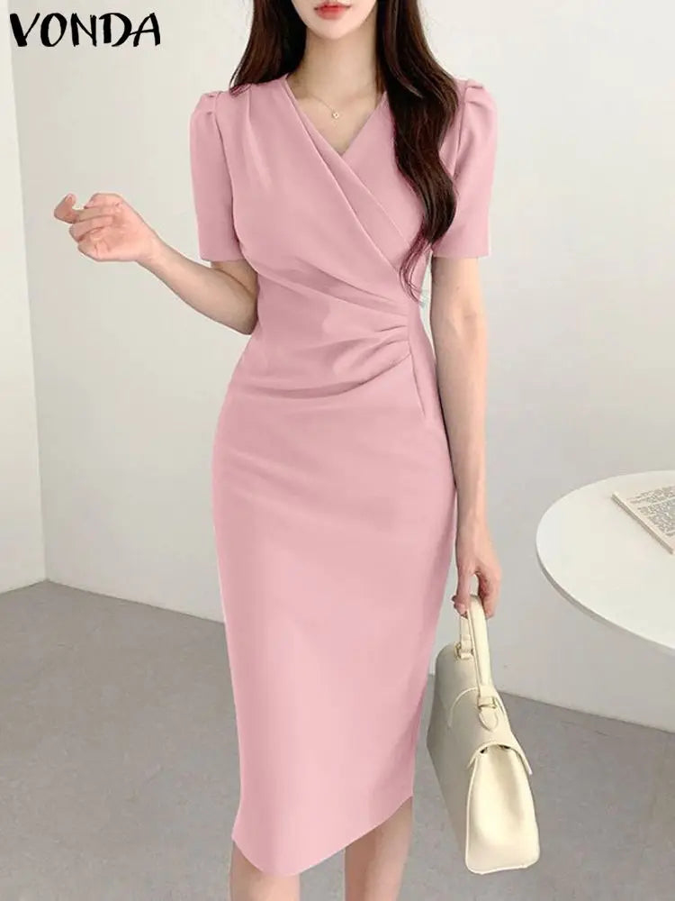 Elegant Women Office Dress V Neck Solid Color Short Sleeve