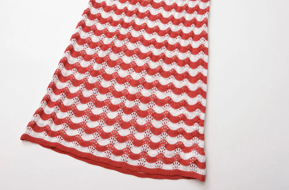 Women's Striped Knit Midi Dress With Front Button O Neck