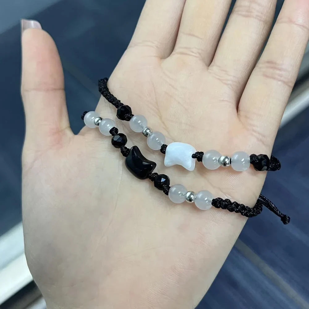 Natural Moonstone Obsidian Couple Bracelets Handmade Minimalist Cat Design Party Jewelry Gifts