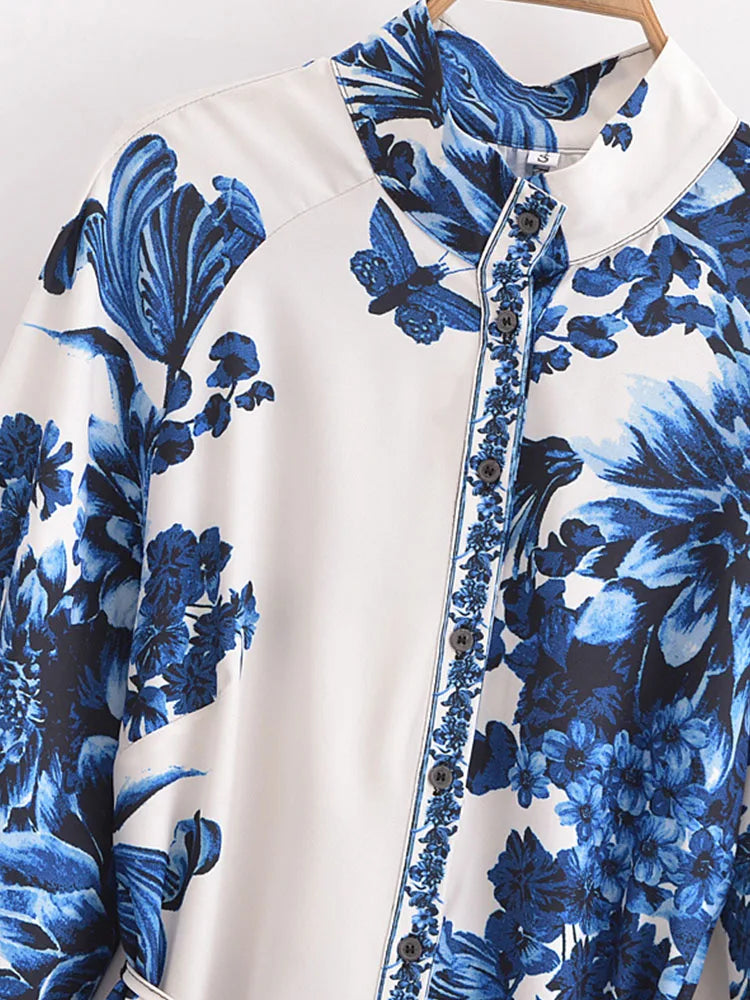 Womens Vintage Print Mini Dress With Bow Sash Long Sleeve