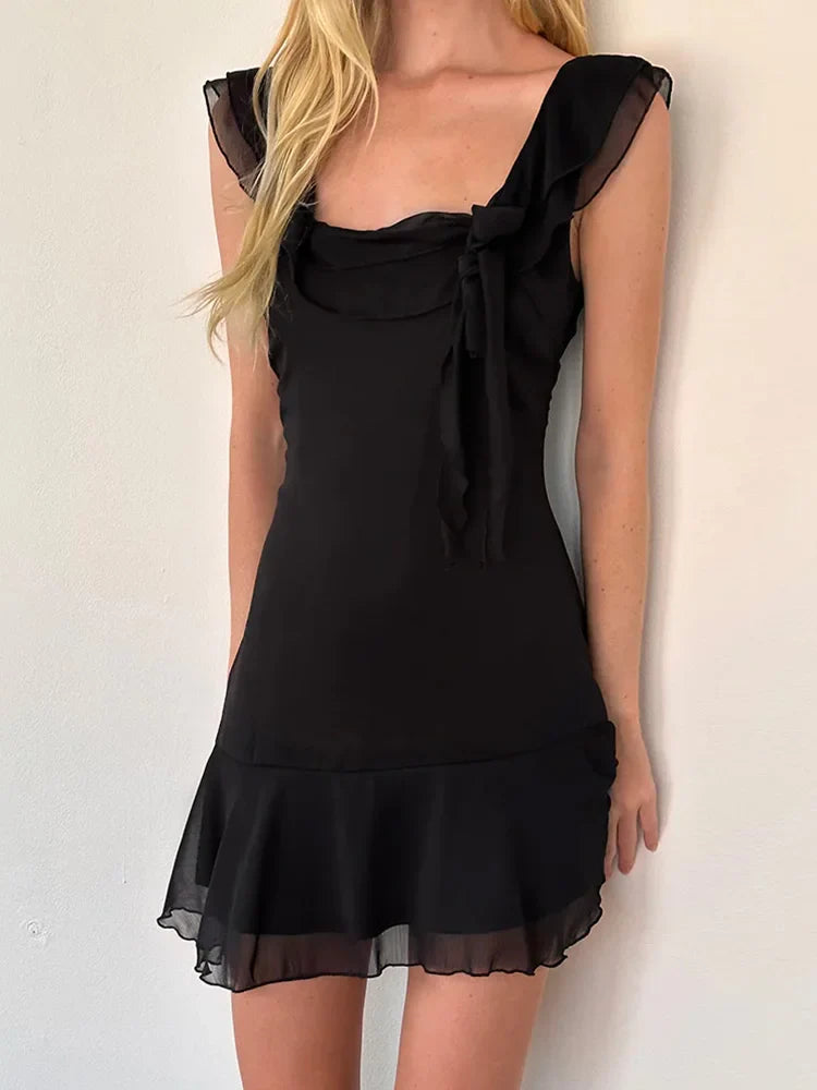 Sexy Tassels Patchwork Chiffon Mini Dress Sleeveless Zipper