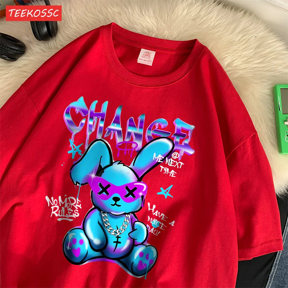 Trendy Cartoon Rabbit Print Summer T-Shirts for Women in Soft Cotton Short Sleeve Loose Fit Casual Tops