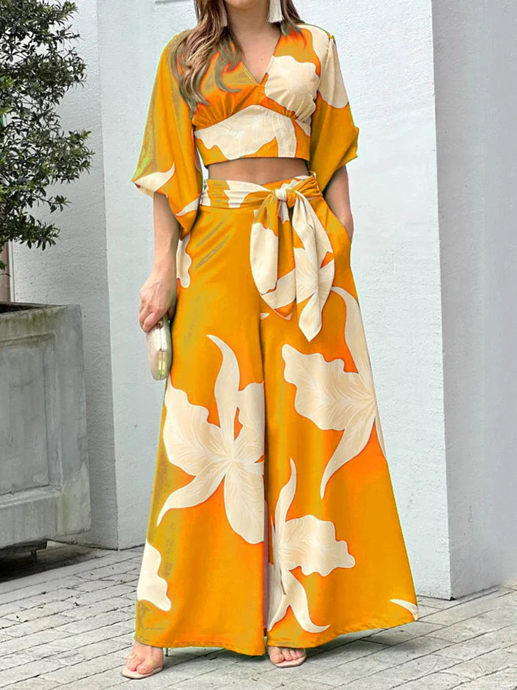 Casual Women's Two Piece Set Autumn V Neck Crop Top and High Waist Wide Leg Pants Outfit