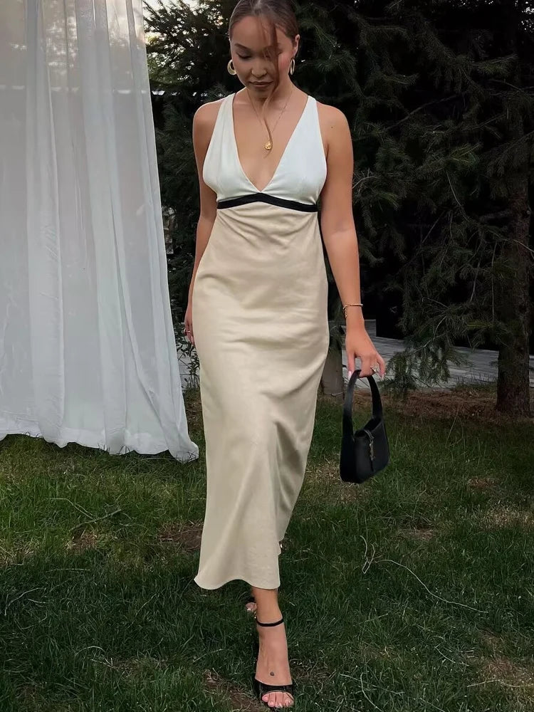 Backless Halter Party Dress With V Neck Patchwork Long Gown