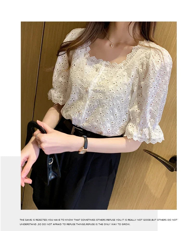 Elegant White Lace Blouse for Women Short Sleeve Square Collar Hollow Out Summer Shirt Chic and Breathable Feminine Top