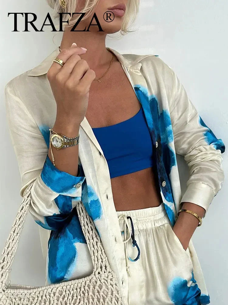 Elegant Floral Print Pant Set With Lapel Long Sleeve Loose Blouse And Drawstring High Waist Wide Leg Pants For Women