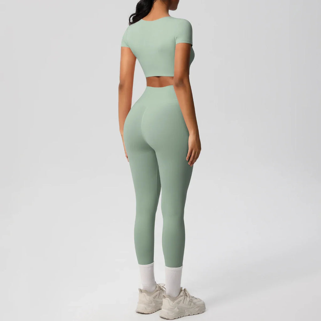 Yoga Set for Women Fitness Sportswear with Short Sleeve Top and High Waist Leggings