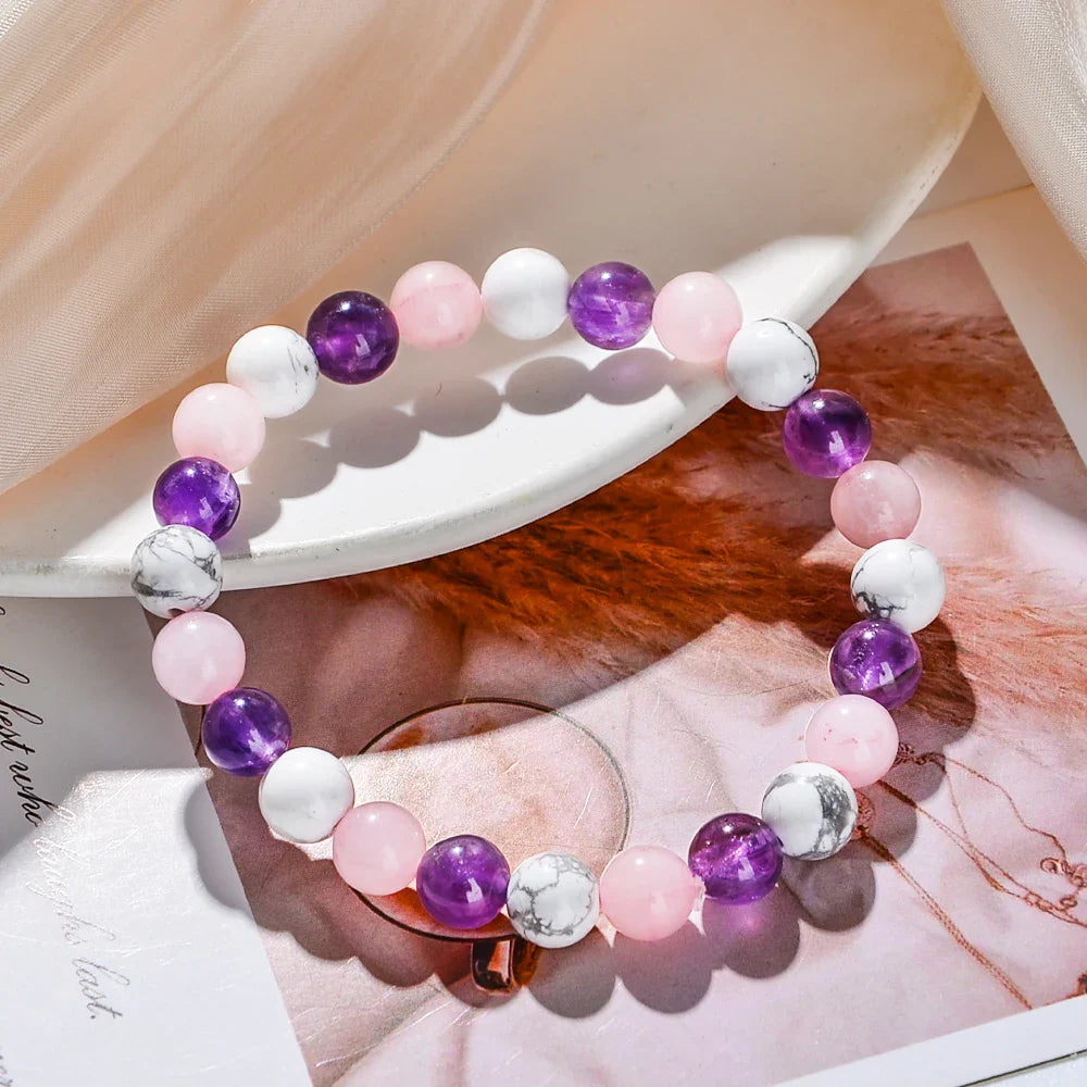 Fashionable Aura Balancing Sleep Bracelet with Natural Stones - White Turquoise, Amethyst and Rose Quartz 8mm
