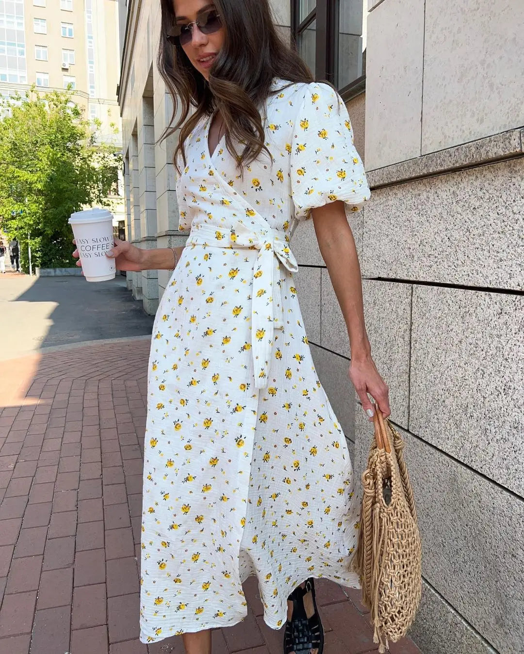 Cotton Lace Up Summer Dress For Women V Neck Casual Office