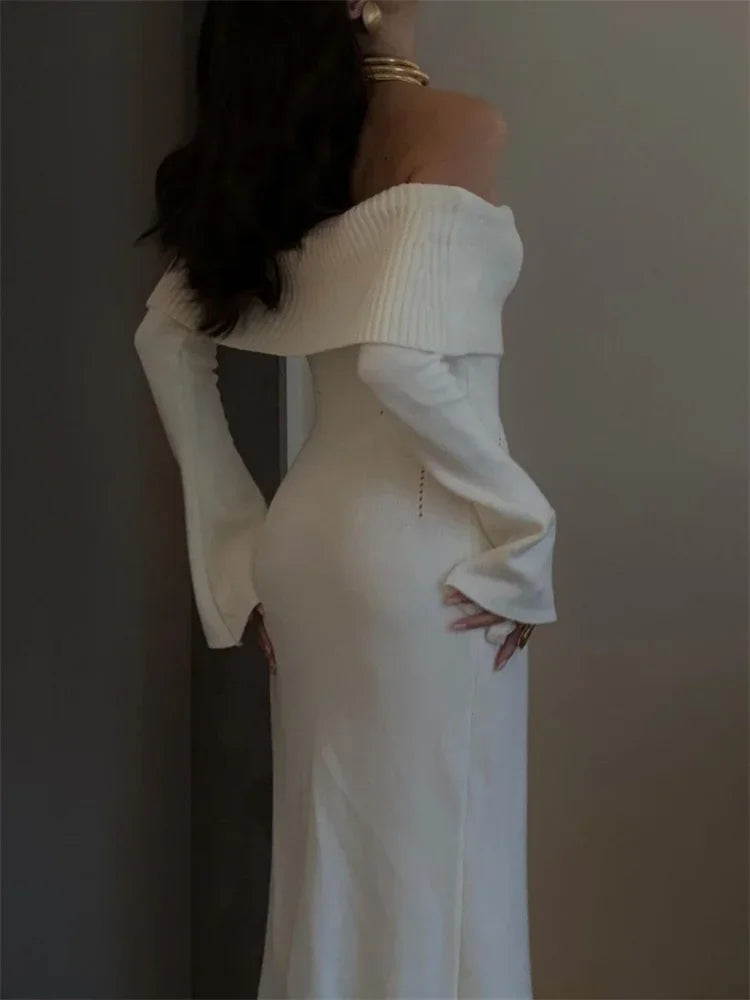 White Autumn Knit Dress For Women Off Shoulder Ribbed