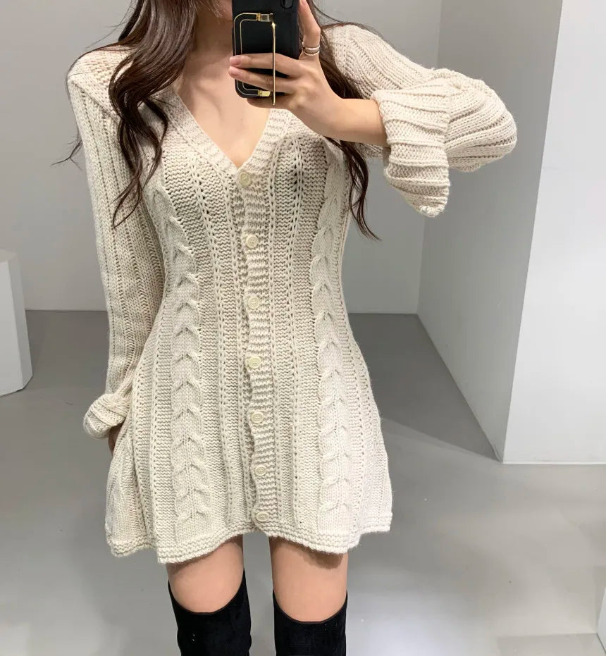 Cable Knit Sweater Dress For Women Long Sleeve Button Down