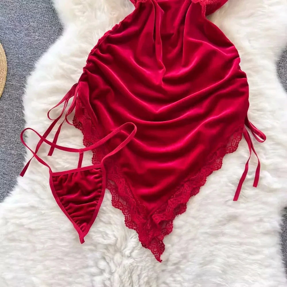 Golden Velvet Backless Lingerie With Lace Trim Sleep Dress