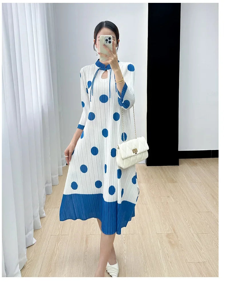 Polka Dot Pleated Dress for Women with Stand Collar