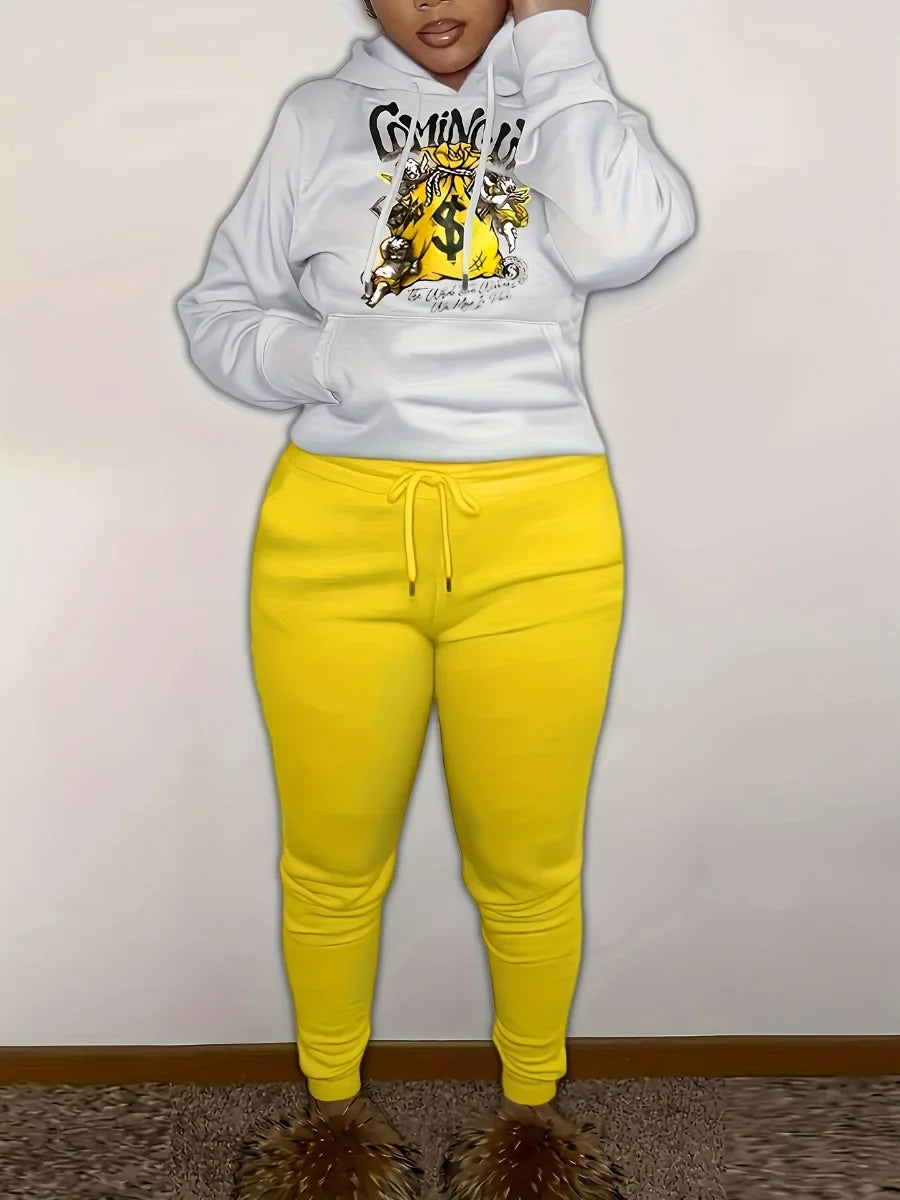 Kangaroo Pocket Hooded Tracksuit for Women - Casual Patchwork Long Sleeve Sweat Outfit